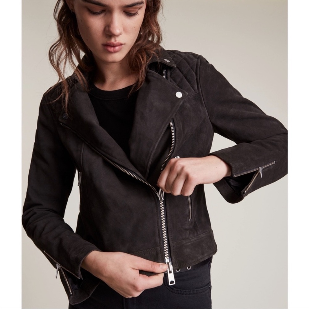 $499⬇️ALL SAINTS Caden suede Leather Jacket faux fur trim - Picture 1 of 7
